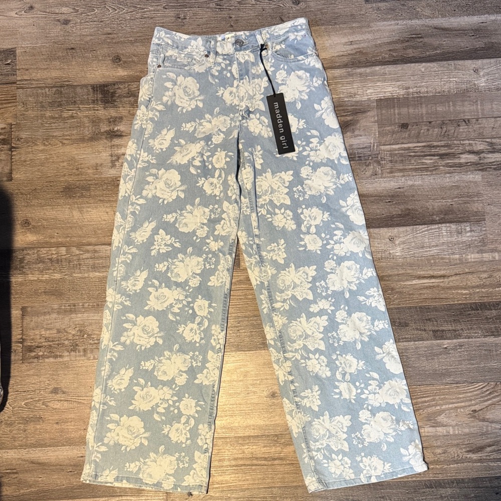 Madden Girl Light Blue and White Floral Wide-Leg Jeans